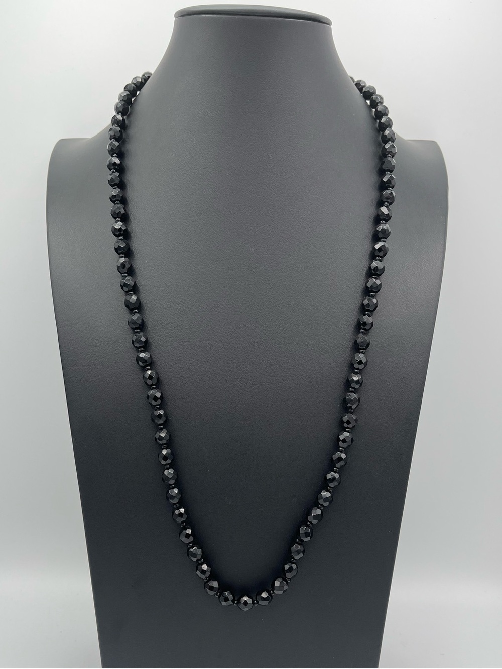 Signed Miriam Haskell 28" 50g French Jet Black Faceted Glass Necklace